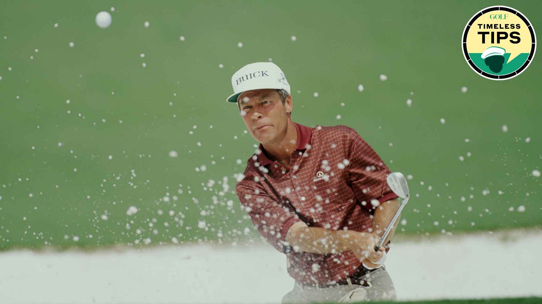 ben crenshaw hits bunker shot during the 1997 masters tournament