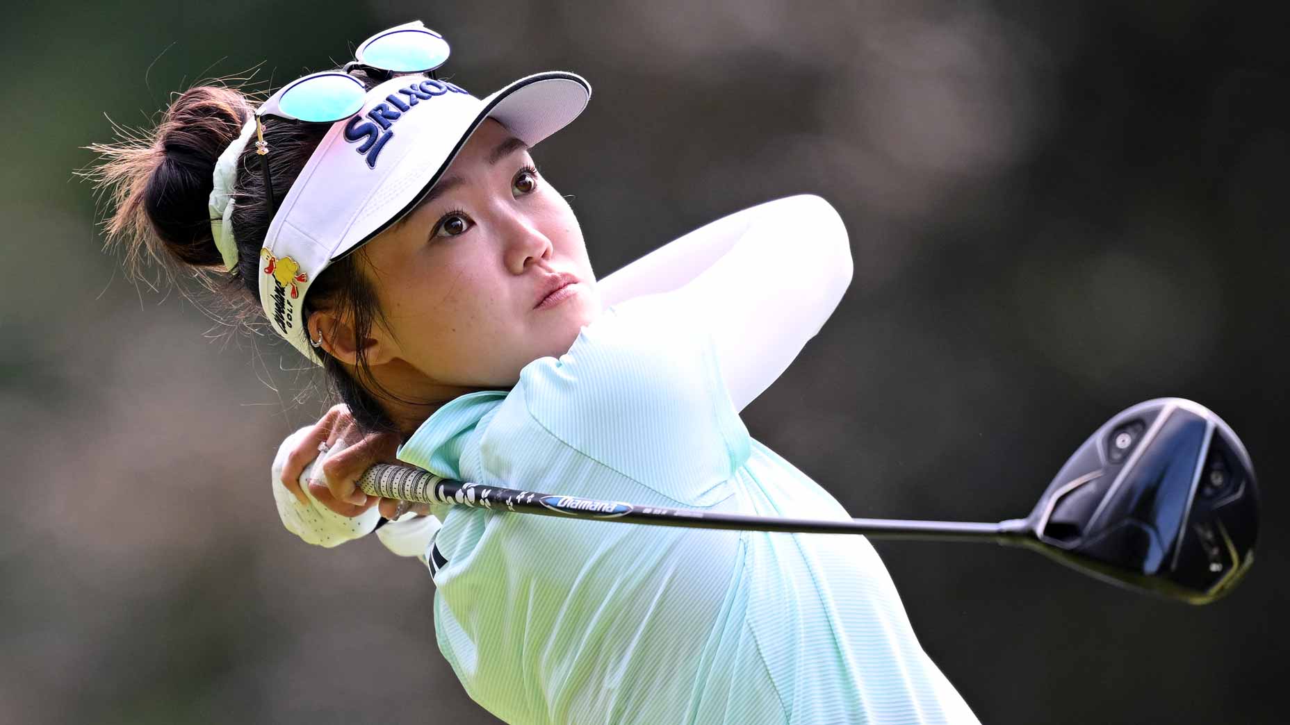 Grace Kim watches a drive at the Evian Championship.