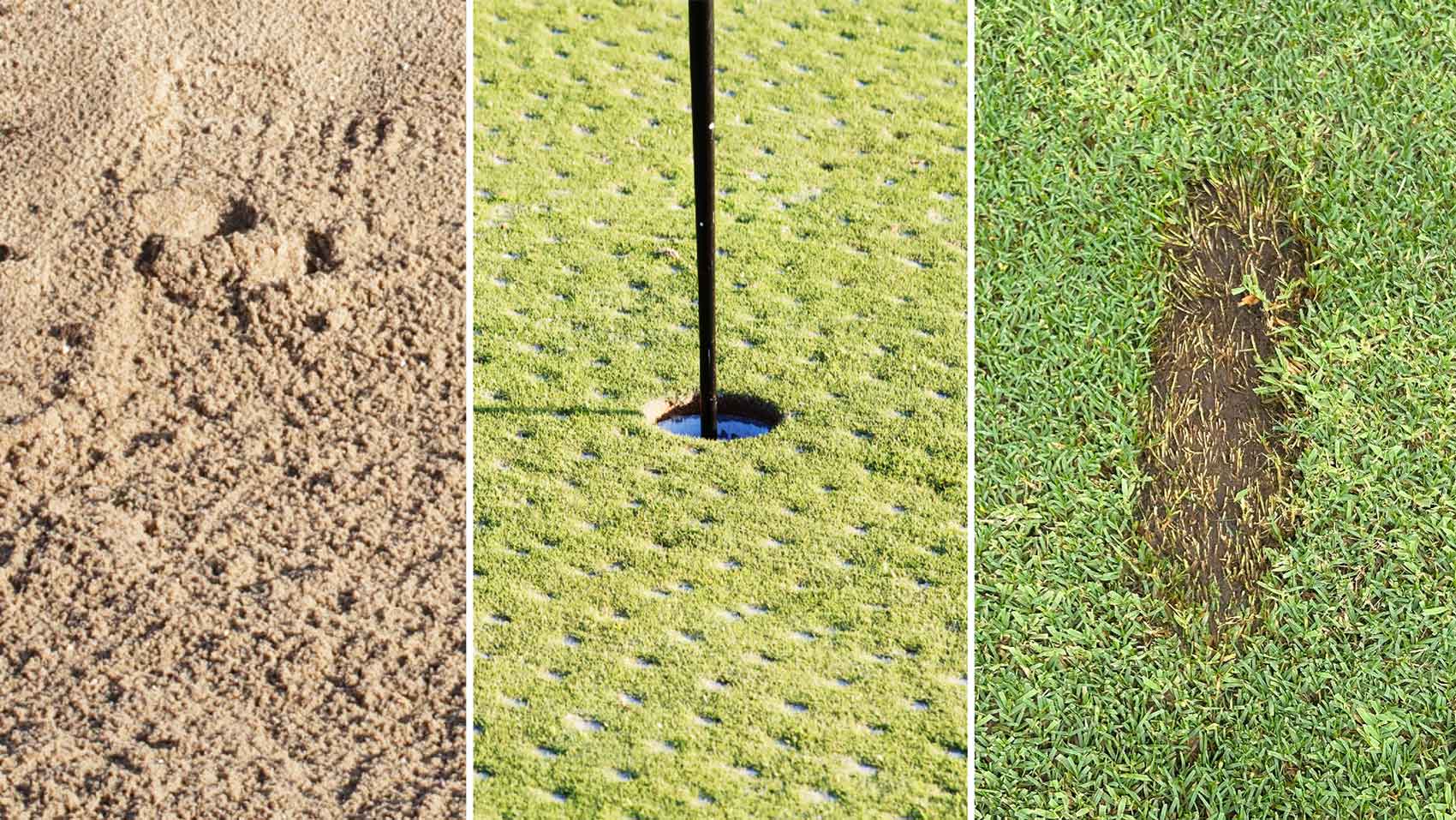 unraked bunker, punched green and a divot hole