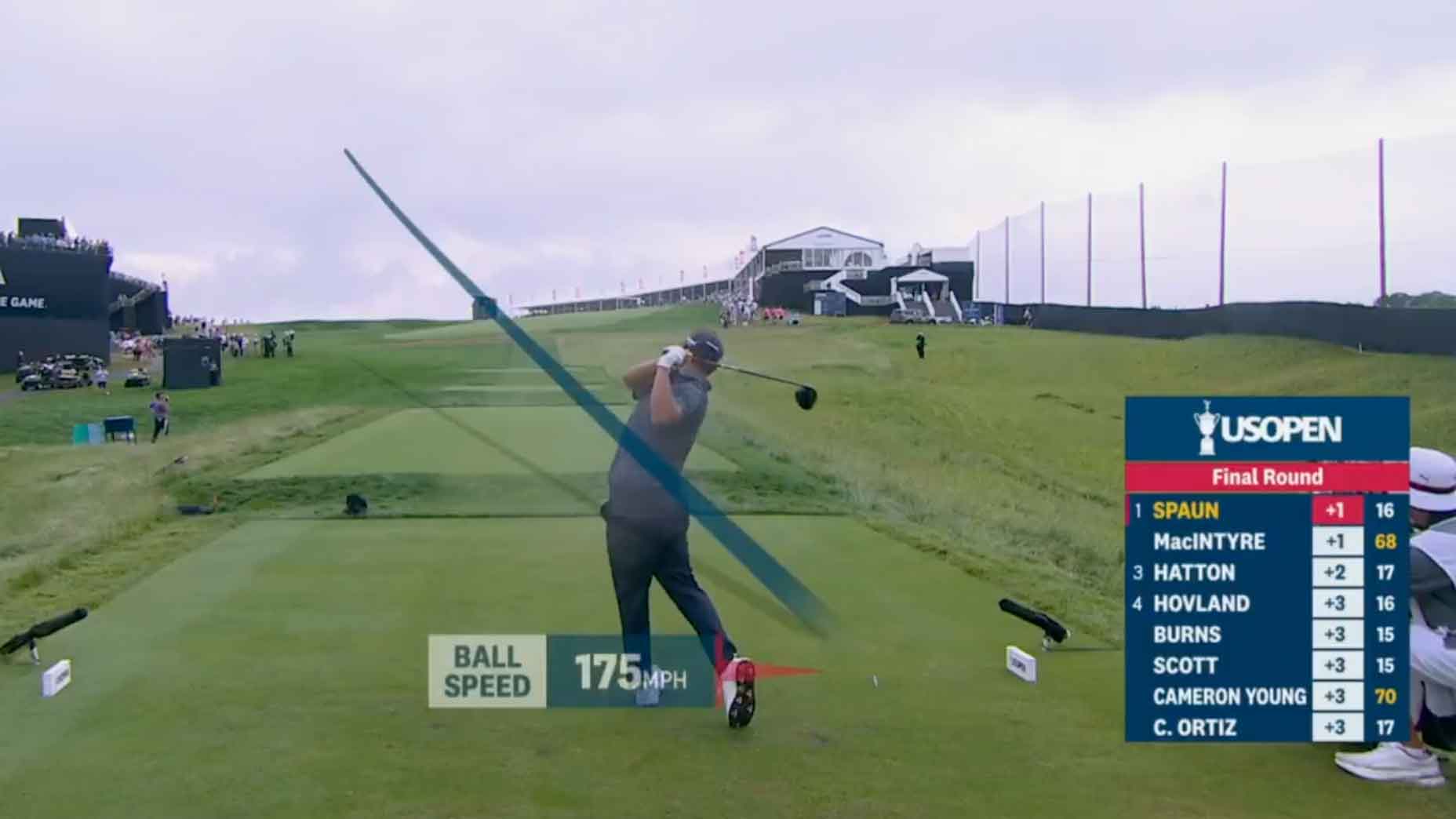 j.j. spaun hits a tee shot on the 17th hole during the final round of the 2025 u.s. open