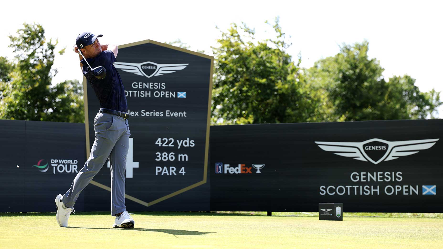 Justin Thomas tees off during a practice round prior to the 2025 Genesis Scottish Open at The Renaissance Club in North Berwick, Scotland.