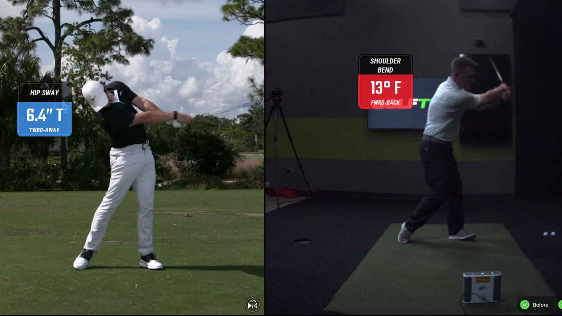 pro golfer demonstrates golf swing while amateur golfer swings beside him