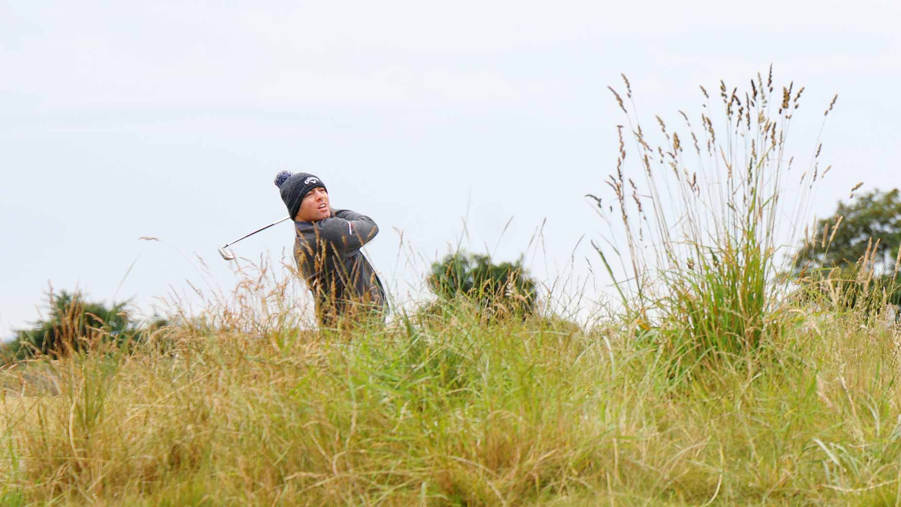 Max Greyserman of United States plays his second shot on the 10th hole during day one of the Genesis Scottish Open at The Renaissance Club on July 11, 2024 in North Berwick, Scotland.