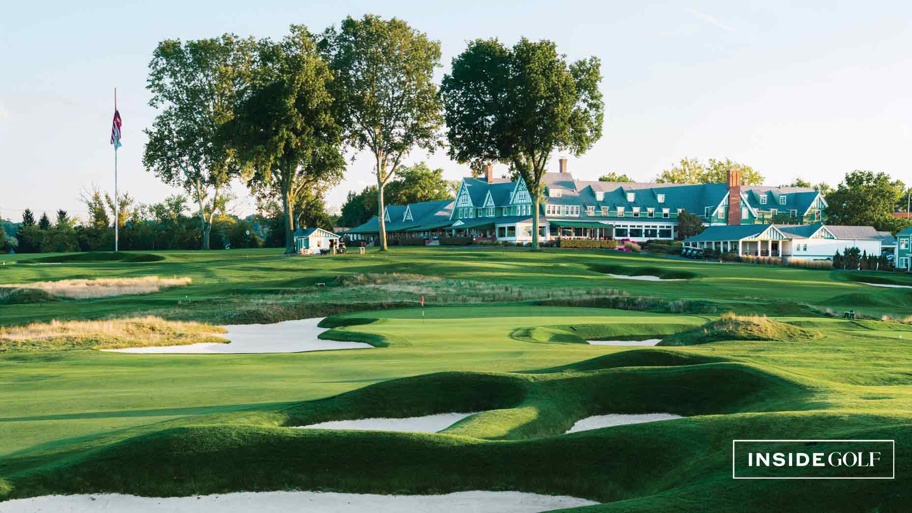 Oakmont features some 200 bunkers in total—14 of them on the 379-yard, par-4 14th (above). History Hall (right) is the main feature inside the club’s nostalgia-rich clubhouse.