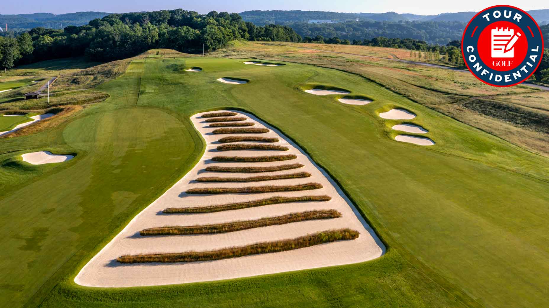 aerial view of the church pew bunkers at oakmont