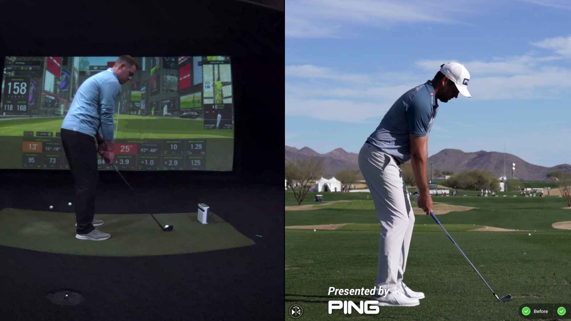golfer stands with feet open at address. pro golfer with perfect setup