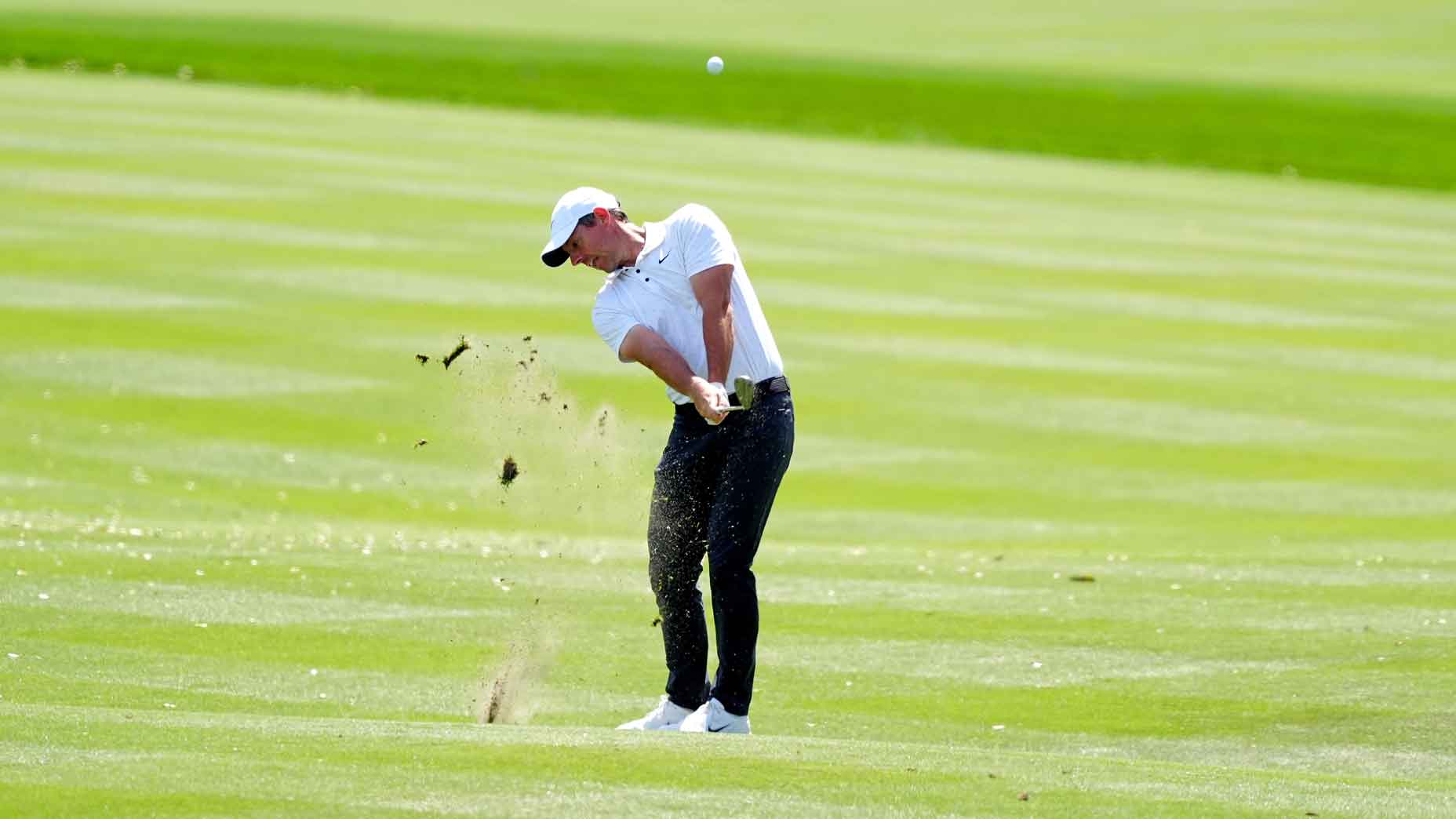 rory mcilroy hits a wedge during the 2025 players championship