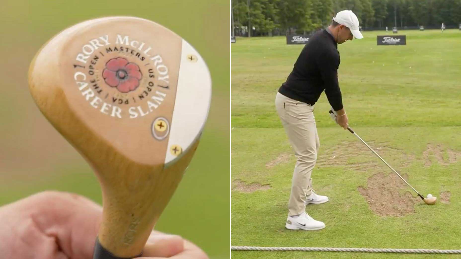 Split image of Rory McIlroy hitting special persimmon driver at 2025 Genesis Scottish Open.